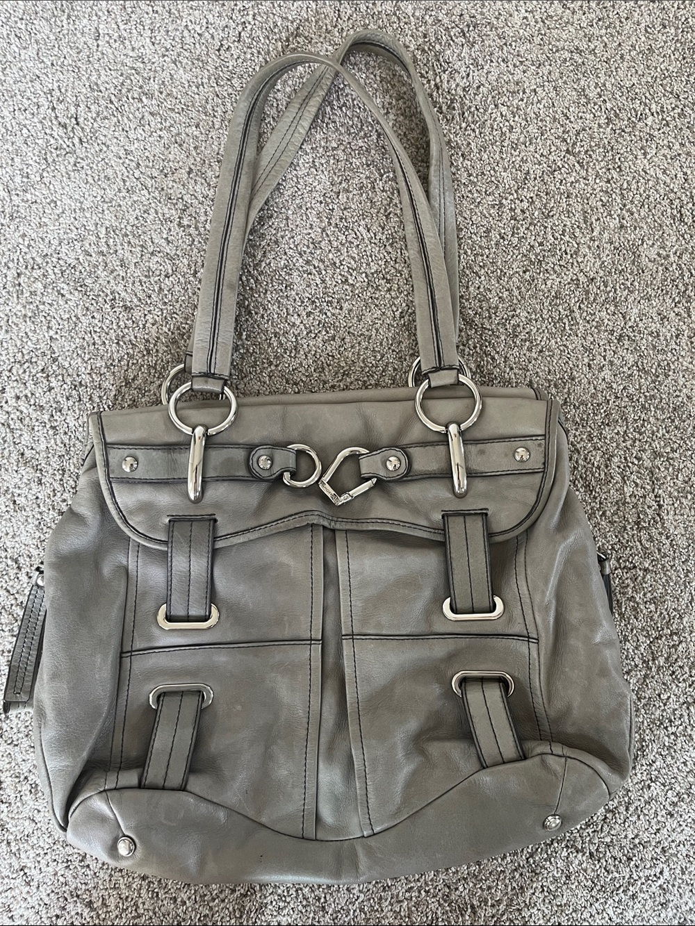 b. makowsky Gray Leather Shoulder Bag with Silver Hardware